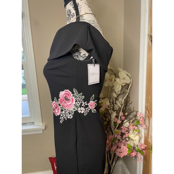 Premier Amour Women's Dress Size 2 Black Off Shoulder Floral Embroidered - Picture 5 of 9